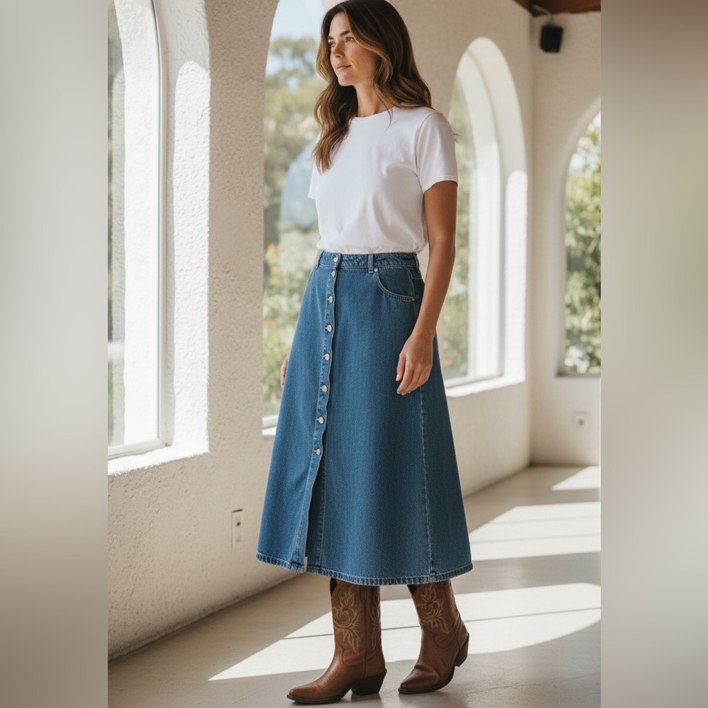 LL Bean Denim Maxi Skirt Size 8 Buffalo Silver Button Down Western Conservative